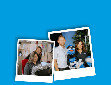 Three photographs of CapEd staff members doing various tasks including working at a computer, assisting a coworker, and sorting files.