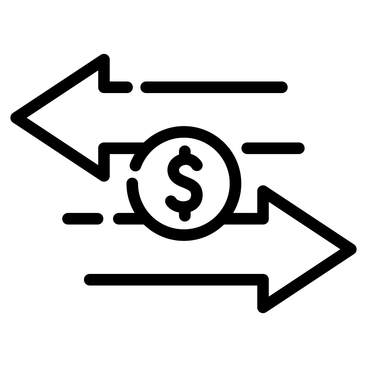 Dollar sign with two arrows traveling in opposite directions through it.